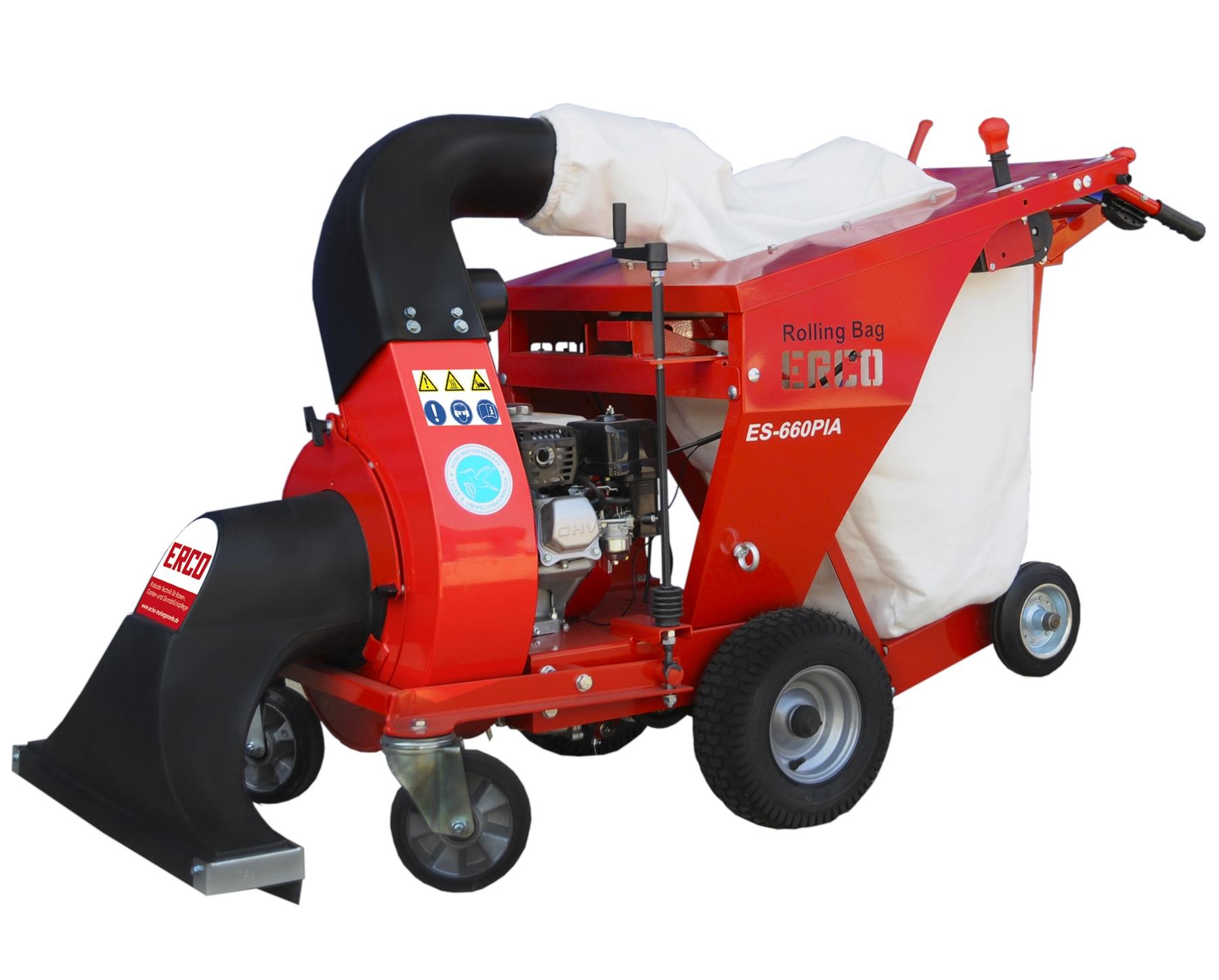 ERCO Aspirateur à feuilles tracté silencieux hydrostatique Honda GX160 avec système de sacs roulants ERCO Aspirateur à feuilles tracté silencieux hydrostatique Honda GX160 avec système de sacs roulants