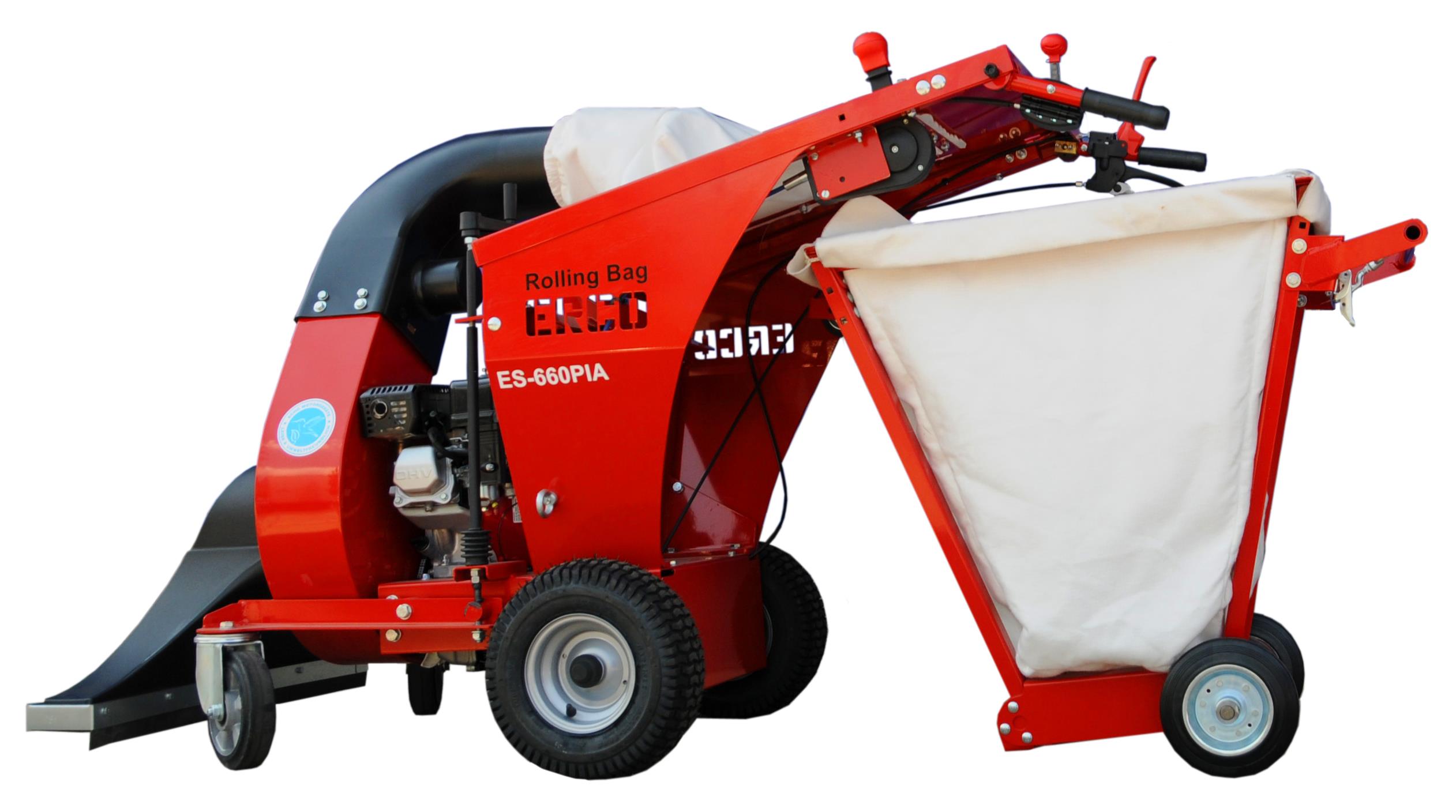 ERCO Aspirateur à feuilles tracté silencieux hydrostatique Honda GX160 avec système de sacs roulants ERCO Aspirateur à feuilles tracté silencieux hydrostatique Honda GX160 avec système de sacs roulants